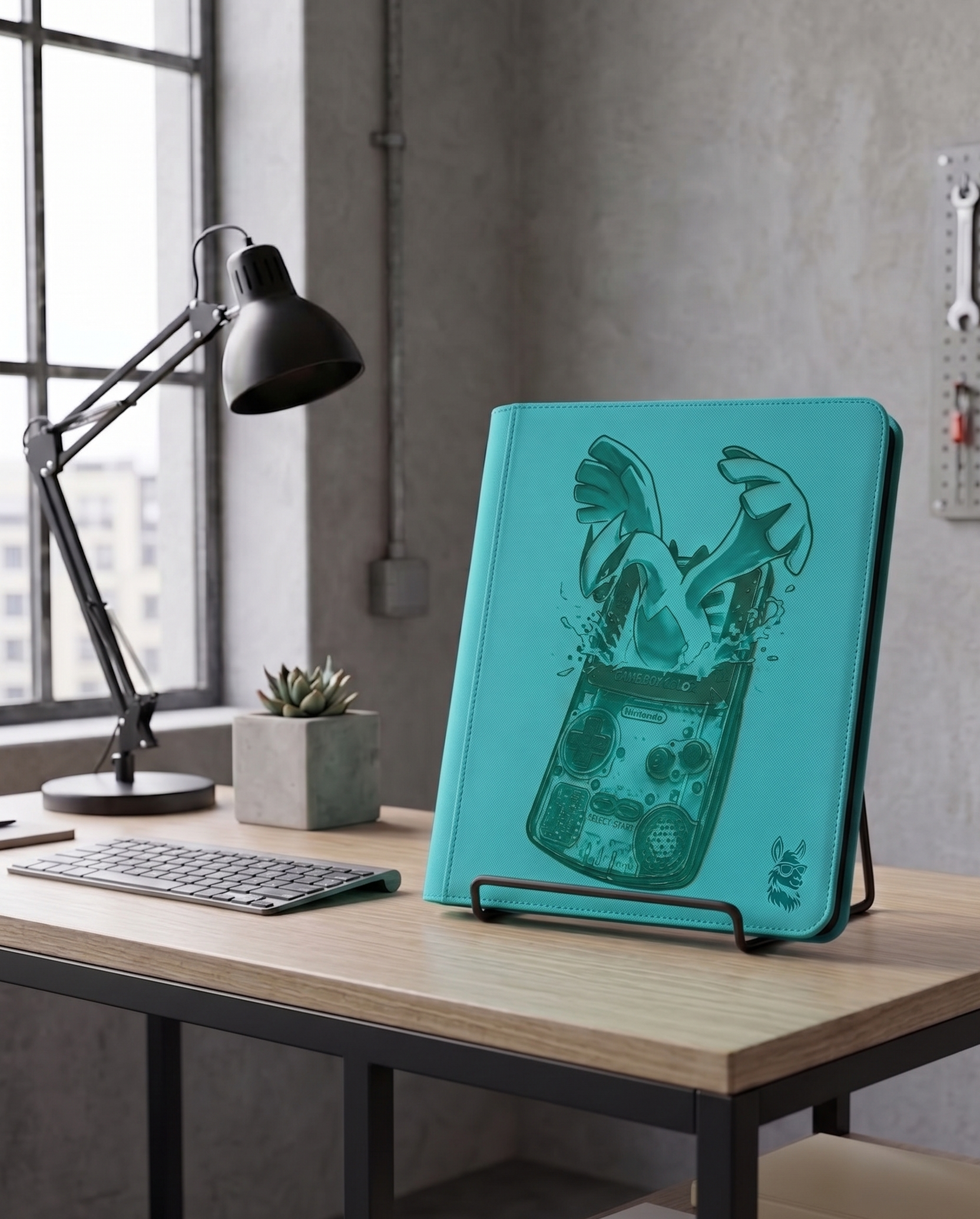 Teal notebook with a design on a wooden desk in a modern office setting