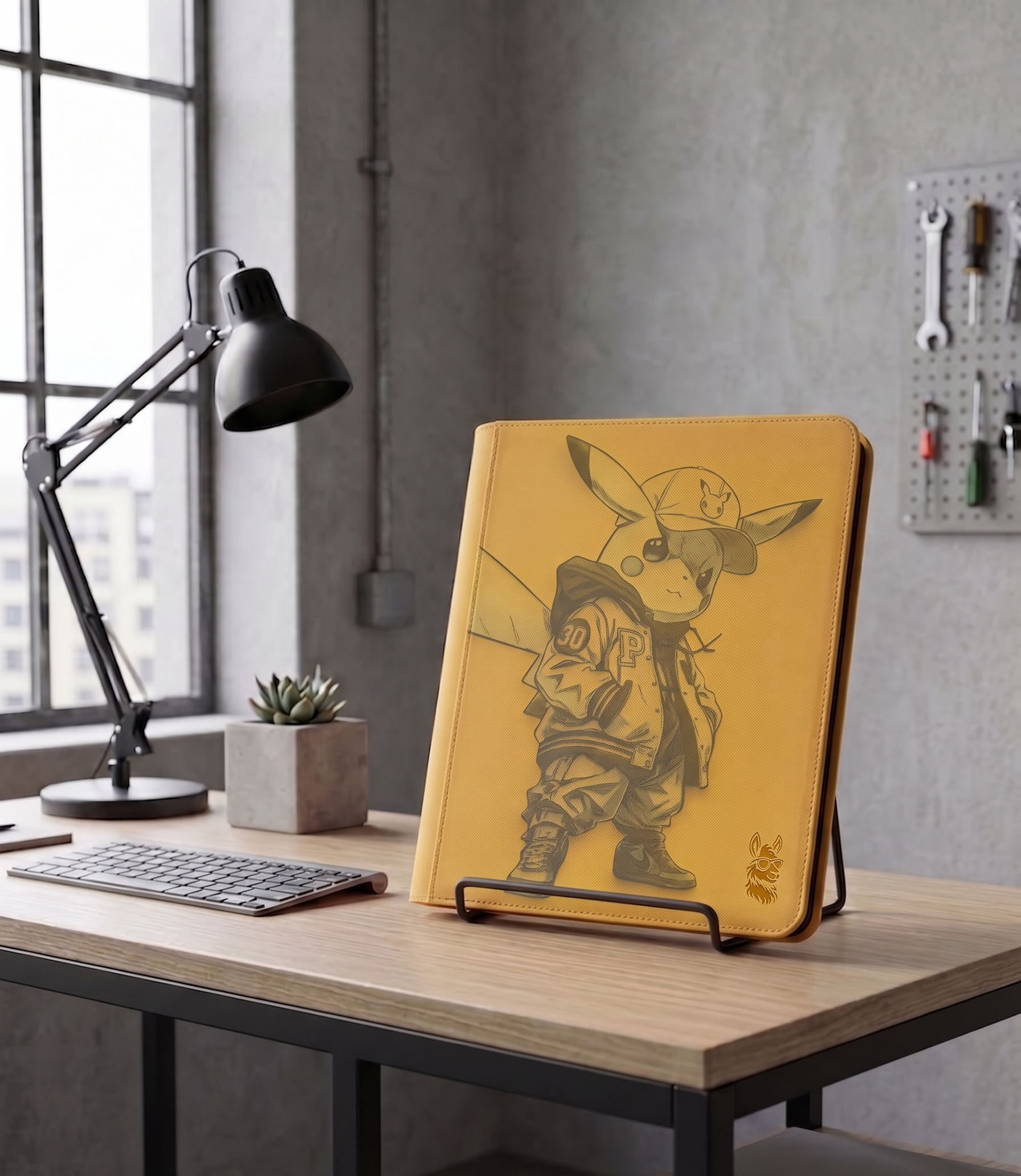 Yellow notebook with a character design on a desk in a modern office setting